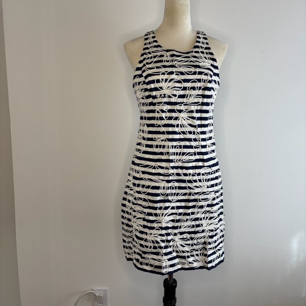 Lilly Pulitzer- Blue & White Striped Dress with Rope & Gem Details